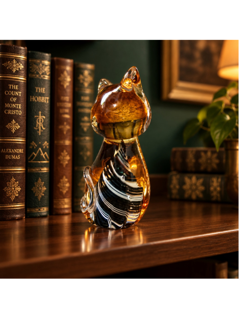 Cute Layered Glass Cat Figurine Decor Amber Black Swirl Cat Paperweight Animals